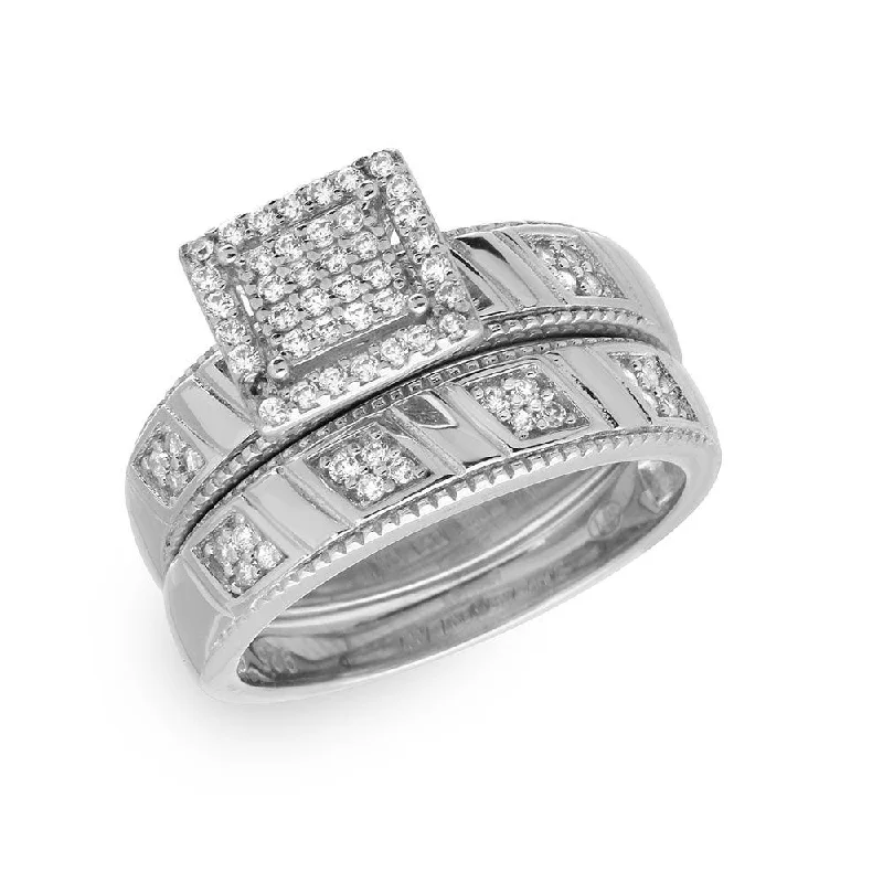 Silver 925 Rhodium Plated Square Pave Center Trio Bridal Ring - GMR00158