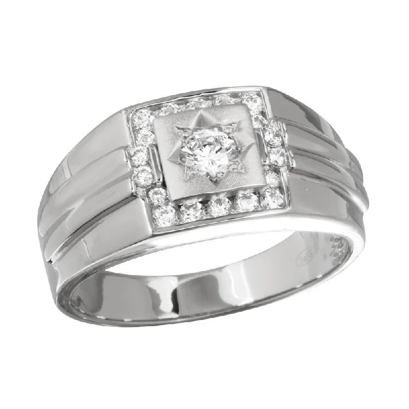 Rhodium Plated 925 Sterling Silver Men's Square Ring with CZ - GMR00240