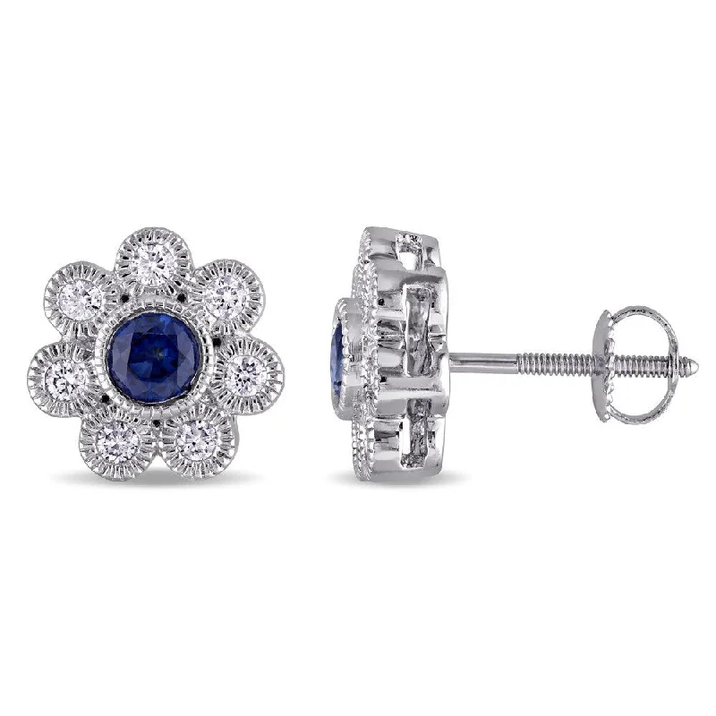 Miadora Signature Collection 14k White Gold Sapphire and 3/8ct TDW Diamond Flower Earrings (G-H, SI1-SI2) - Blue