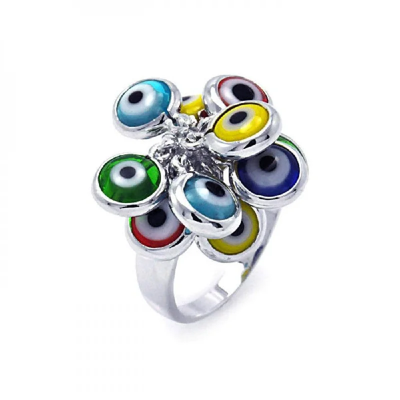 Silver 925 Rhodium Plated Multi Colored Hanging Evil Eye Ring - BGR00258