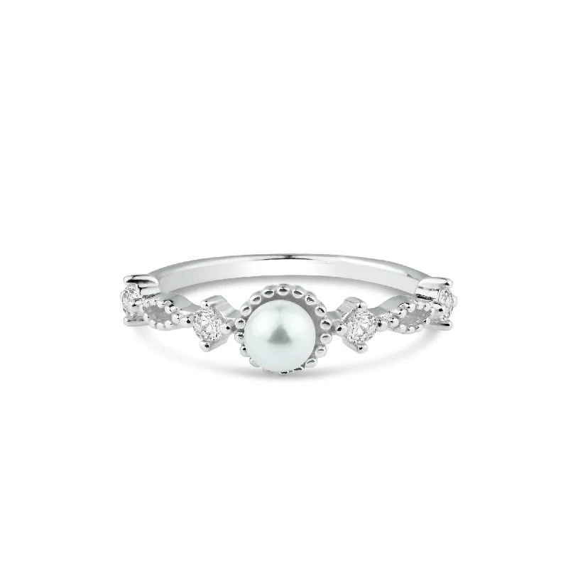 Rhodium Plated 925 Sterling Silver Synthetic Pearl Center Clear CZ Ring - BGR01357