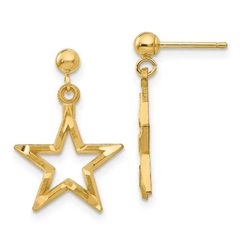 Curata 14k Yellow Gold Satin Sparkle Cut Star Dangle Post Earrings 21x13mm