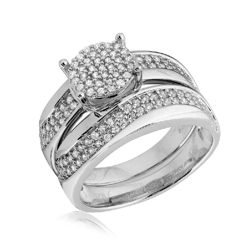 Rhodium Plated 925 Sterling Silver Wave CZ Band Round Center Cluster Stones Wedding Ring - GMR00176