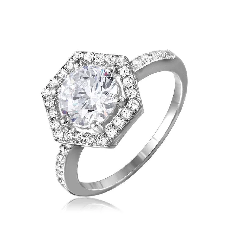 Silver 925 Rhodium Plated 6 Sides Design CZ Halo Ring - GMR00092