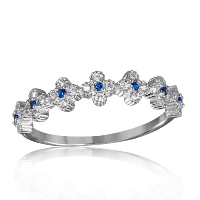 Silver 925 Rhodium Plated Clover Band with Blue CZ Stones - GMR00129S