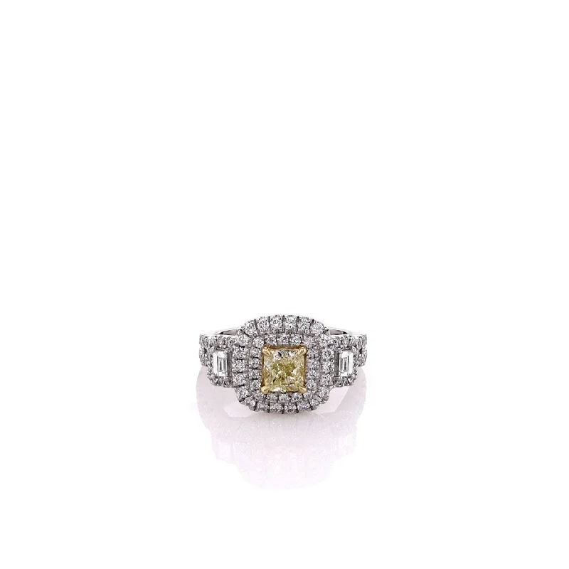 Two-Tone Double Halo/Twist Shank Yellow and White Diamond Ring