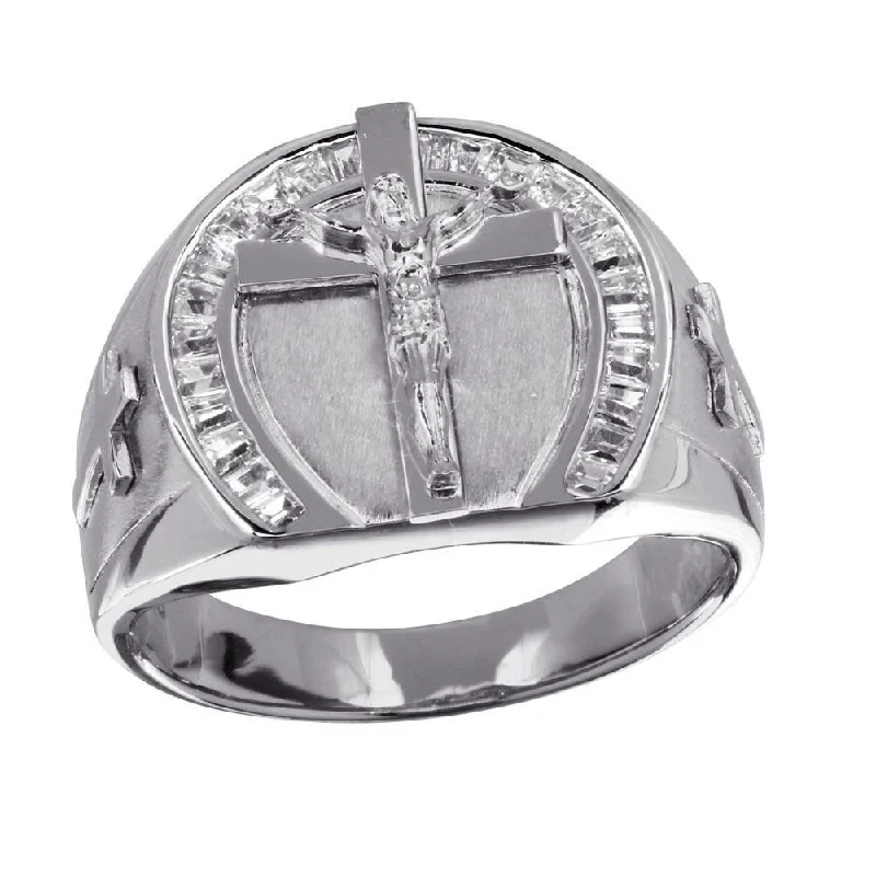 Rhodium Plated 925 Sterling Silver Men's Crucifix Ring - GMR00229RH