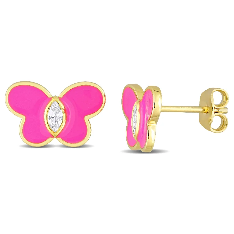 Miadora Created White Sapphire Butterfly Enamel Stud Earrings in Yellow Plated Sterling Silver