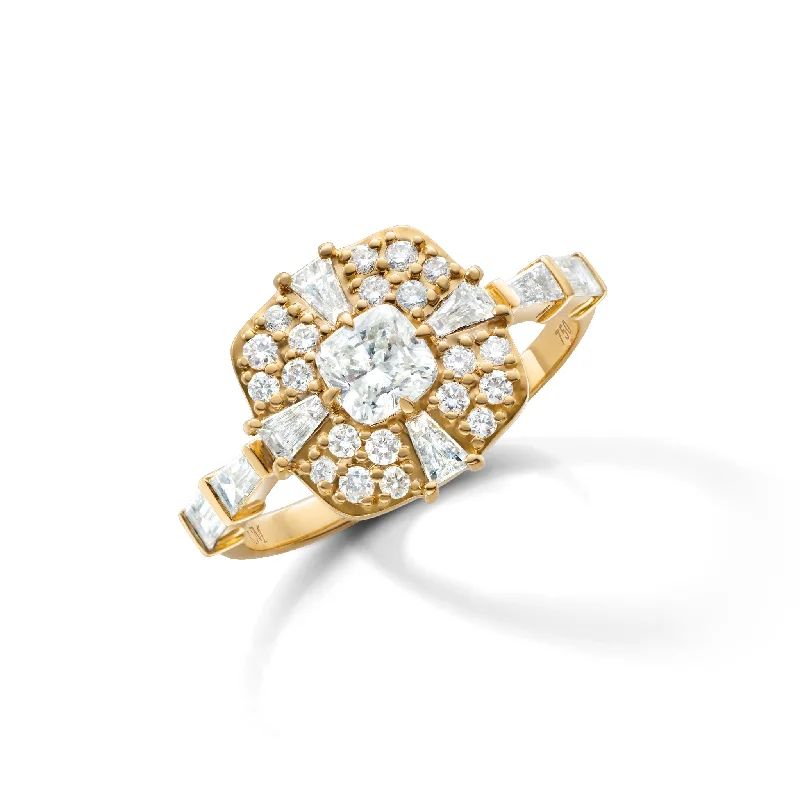 "Points North" Diamond Ring with Cushion, Baguette and Round Diamonds