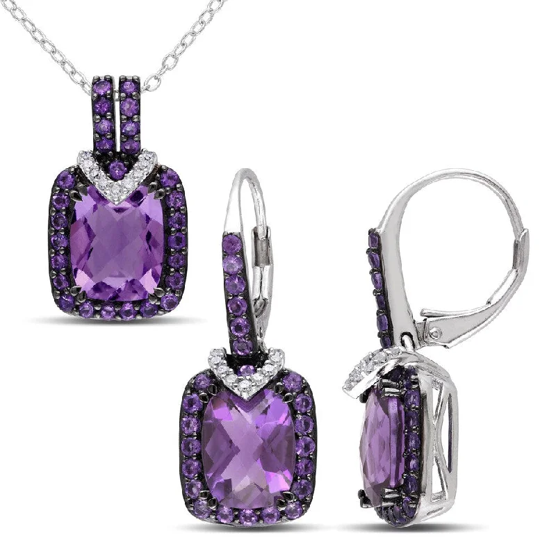 Miadora Cushion-Cut Amethyst-Africa and 1/8ct TDW Diamond Leverback Earrings and Necklace Set in Sterling Silver (G-H, I2-I3)