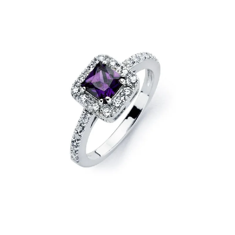 Silver 925 Rhodium Plated Clear Micro Pave Set and Square Purple Center CZ Bridal Ring - BGR00734