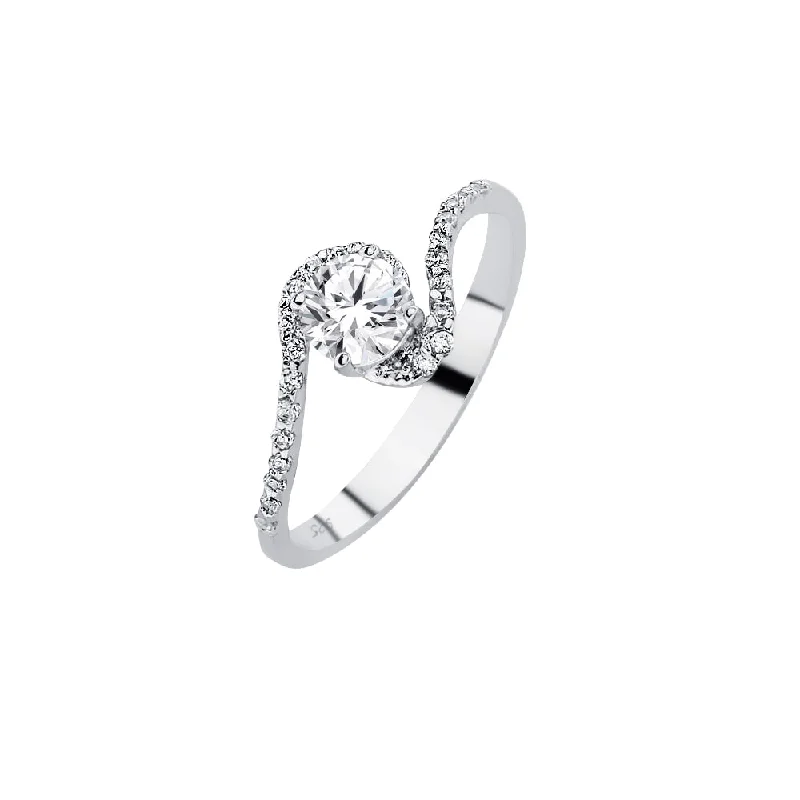 Silver 925 Rhodium Plated Clear Pave Set Round Center CZ Twist Bridal Ring - BGR00619