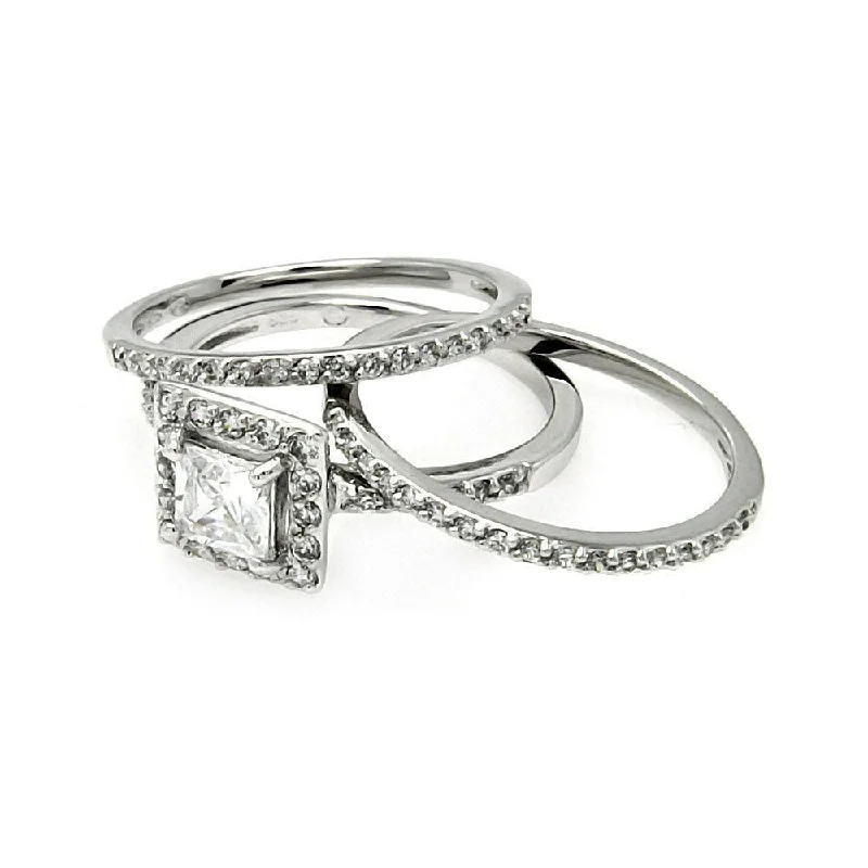 Silver 925 Rhodium Plated Square Clear CZ Stackable Bridal Ring Set - BGR00451