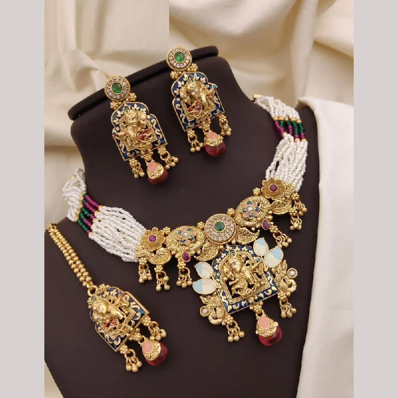 Neetu Art Gold Plated Pota Stone And Meenakari Pearls Necklace Set