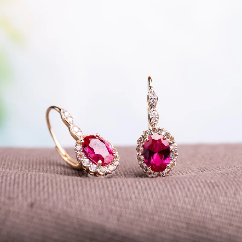 Miadora 14k Yellow Gold Oval-cut Created Ruby White Topaz and Diamond Accent Halo Leverback Earrings