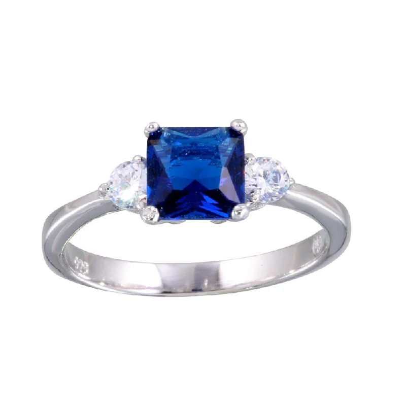 Rhodium Plated 925 Sterling Silver Blue CZ Center Stone Ring - BGR01138BLU