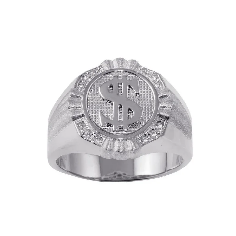 Rhodium Plated 925 Sterling Silver Dollar Sign Ring with CZ - GMR00246RH