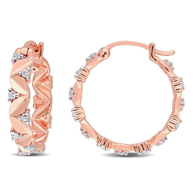 Miadora White Topaz Leaves Hoop Earrings in Rose Plated Sterling Silver