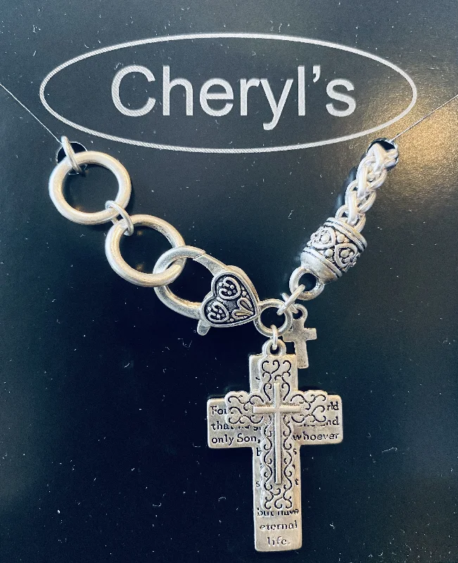 Double cross John 3:16 heart Lobster clasp silver bracelet