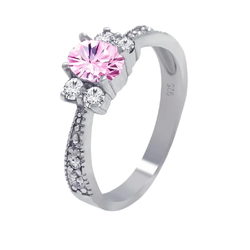 Silver 925 Rhodium Plated Pink Oval Center Pave CZ Engagement Ring - AAR0003PNK