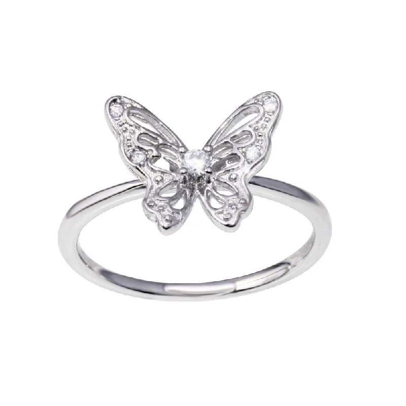 Rhodium Plated 925 Sterling Silver Butterfly Clear CZ Ring - BGR01347