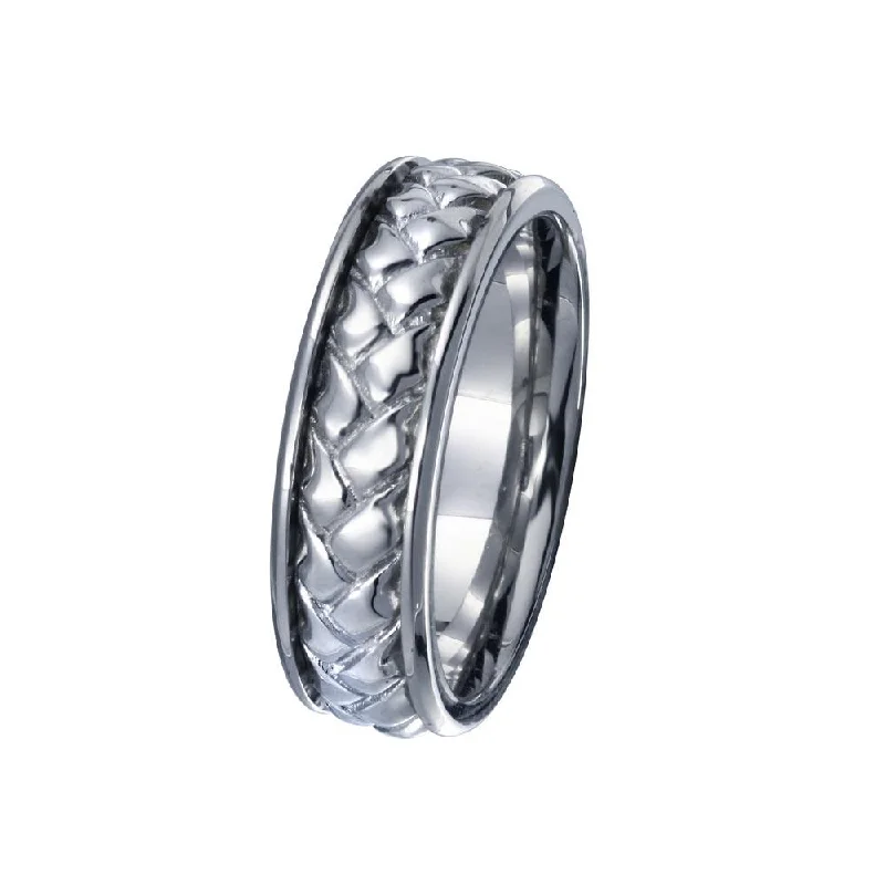 Rhodium Plated 925 Sterling Silver Men's Woven Design Band 6.5mm - EWR00007