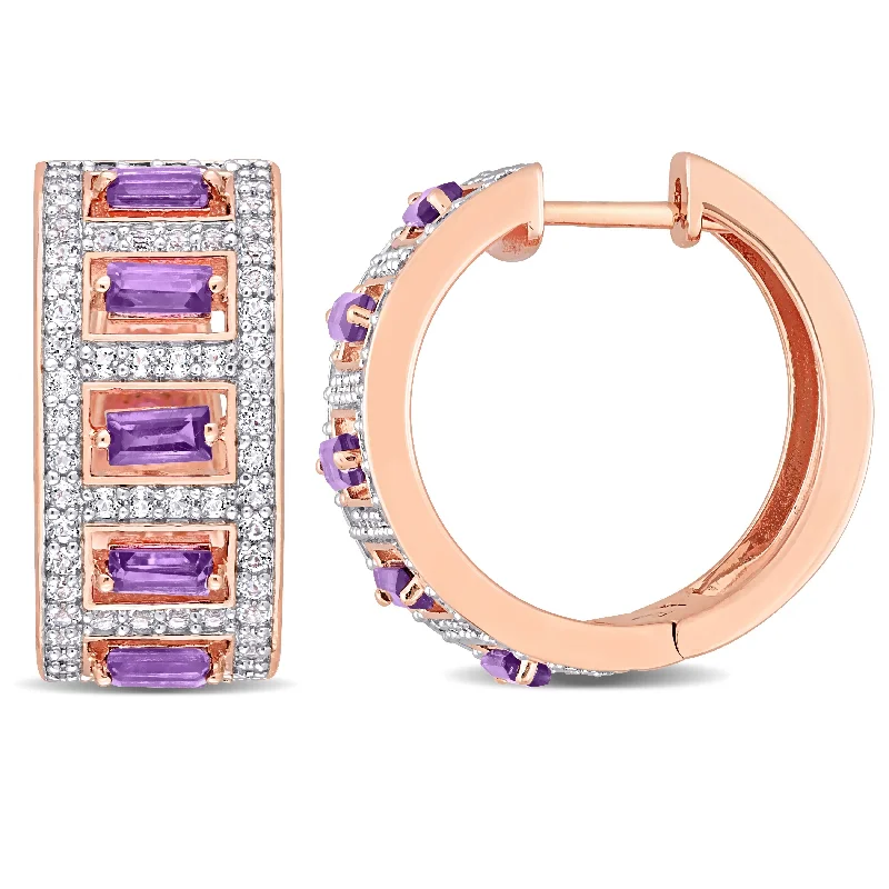 Miadora Baguette African Amethyst and White Topaz Hoop Earrings in Rose Plated Sterling Silver