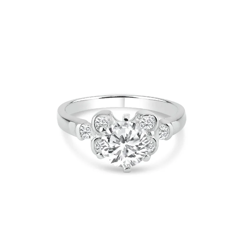 Silver 925 Rhodium Plated Clear CZ Bubble Sides Bridal Ring - BGR00722