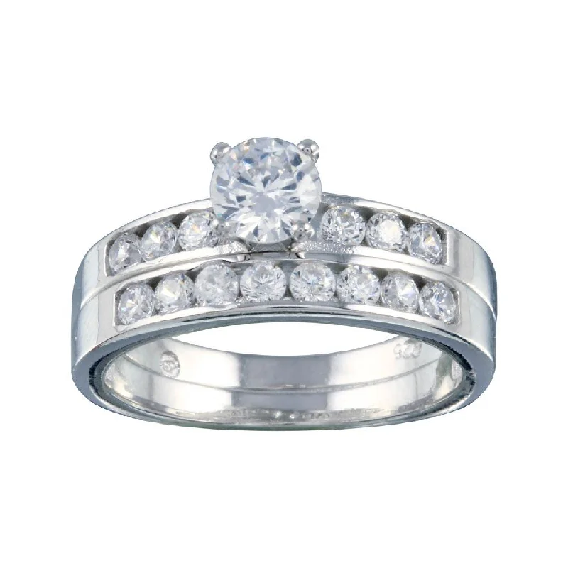 Rhodium Plated 925 Sterling Silver Clear CZ Bridal Ring Set - BGR00088