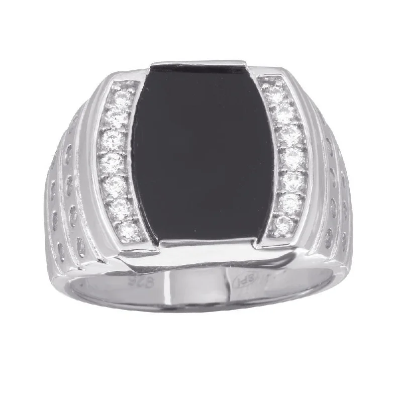 Rhodium Plated 925 Sterling Silver Men's Flat Oval Onyx Ring with CZ - GMR00255RH