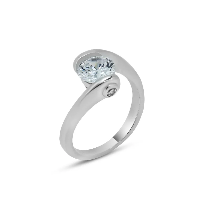 Silver 925 Rhodium Plated Clear Round Center CZ Overlap Twist Ring - BGR00392