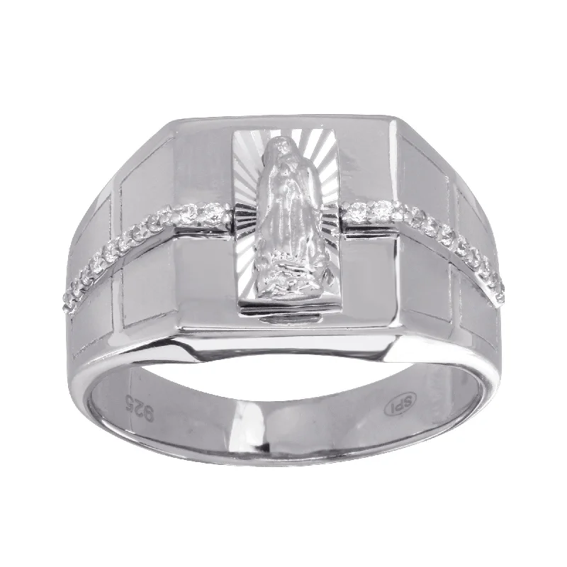 Rhodium Plated 925 Sterling Silver Men's Lady of Guadalupe Ring with CZ - GMR00247RH