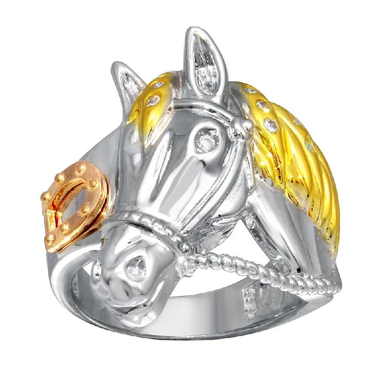 Three-Tone 925 Sterling Silver Men's CZ Rope Horse Ring - GMR002793C