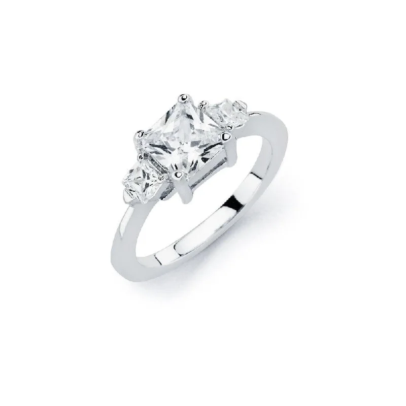 Silver 925 Rhodium Plated Clear Square Center CZ Bridal Ring - BGR00763