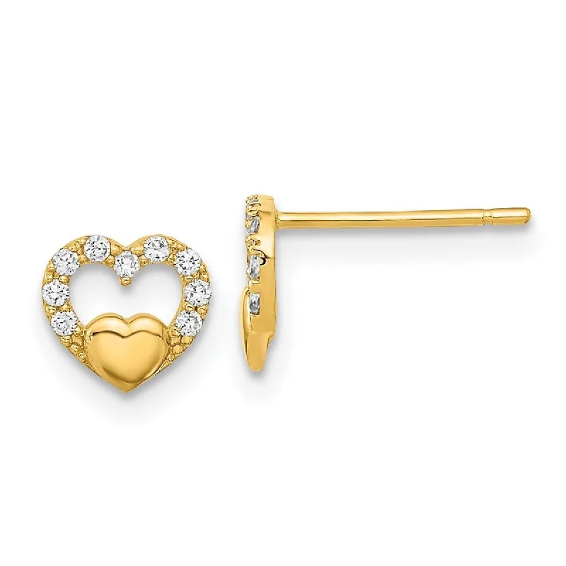 Curata 14k Gold Polished Cut Out Love Heart CZ Cubic Zirconia Post Earrings - 6.5x6.75mm Wide