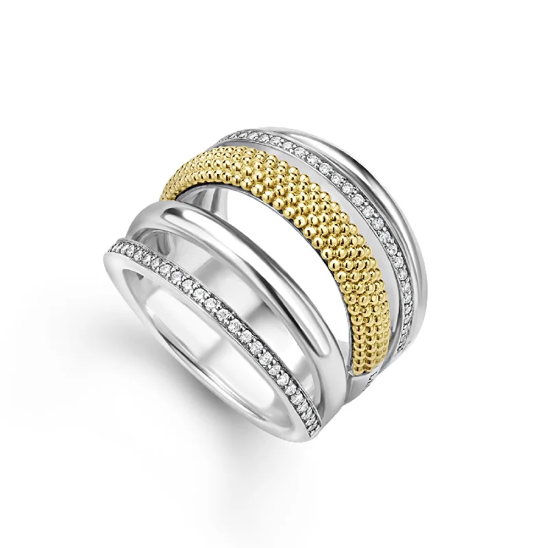 Caviar Lux Two-Tone Five Row Diamond Ring