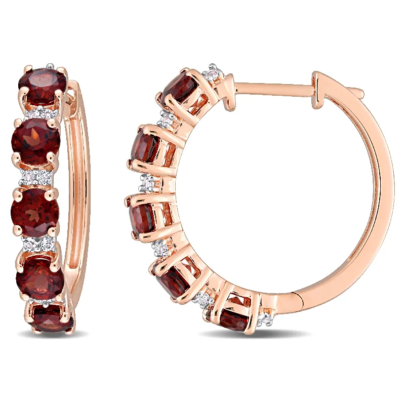 Miadora Garnet and White Topaz Hoop Earrings in Rose Plated Sterling Silver