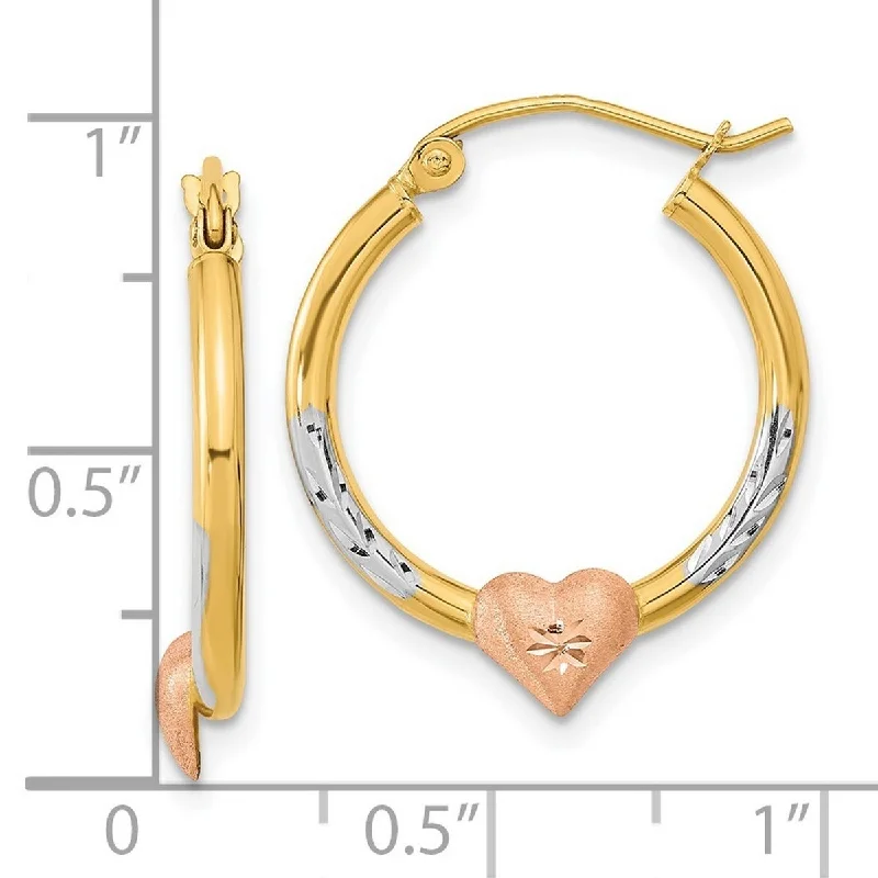 Curata 14k Tri color Sparkle Cut Love Heart Hoop Earrings - 23.42x20.16mm Wide 3.47mm Thick